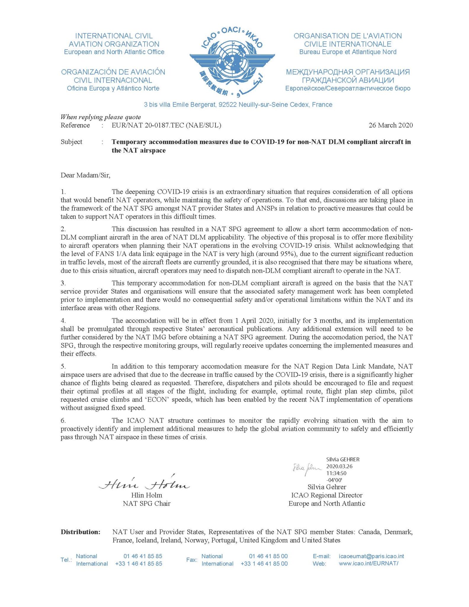 ICAO 20-0187-Temporary COVID-19 NAT-Data Link Mandate Suspension until 25FEB2021
